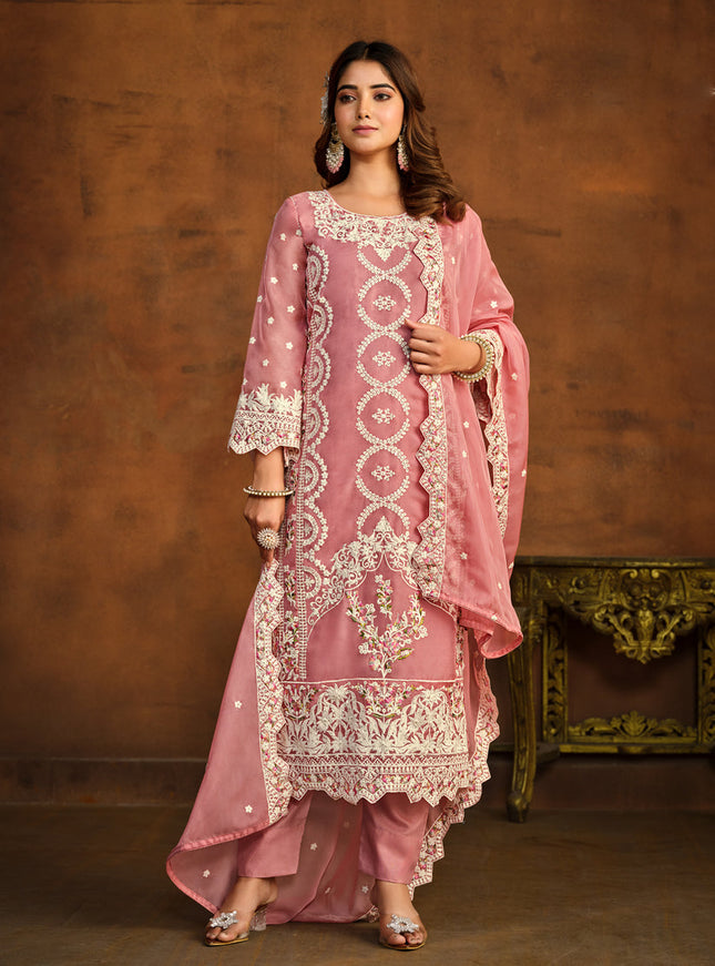 Cherry Pink Organza Embroidered Pant Kameez
