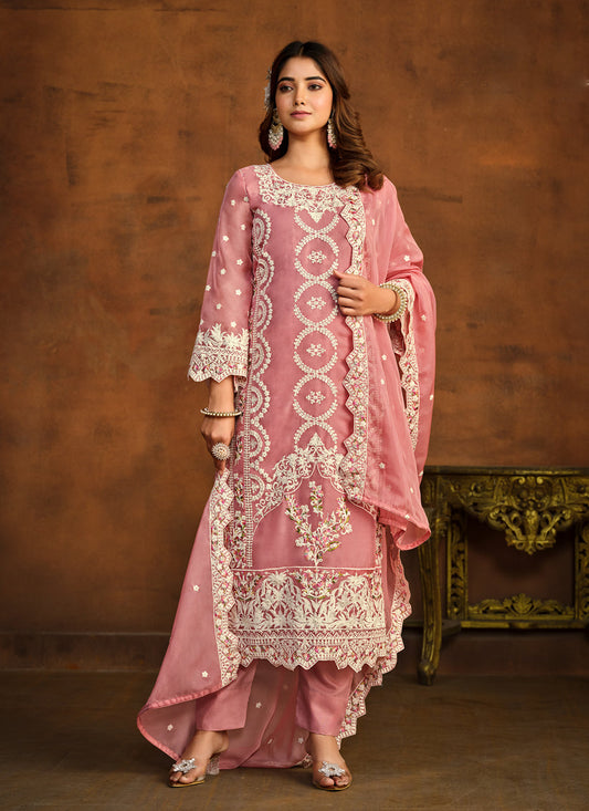 Cherry Pink Organza Embroidered Pant Kameez