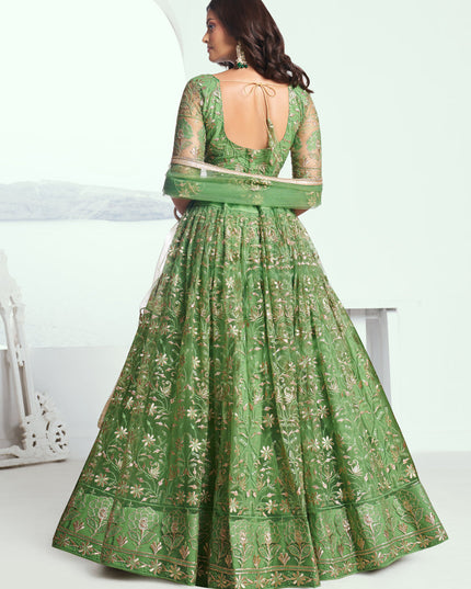 Parrot Green Net Embroidered Wedding Lehenga Choli Set