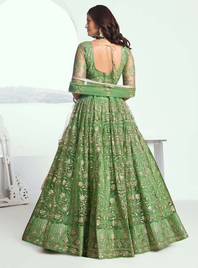 Parrot Green Net Embroidered Wedding Lehenga Choli Set
