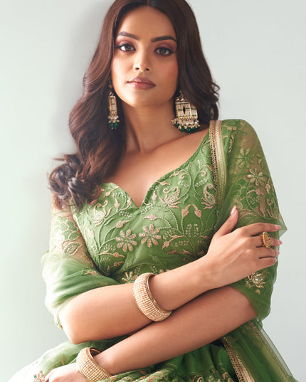 Parrot Green Net Embroidered Wedding Lehenga Choli Set