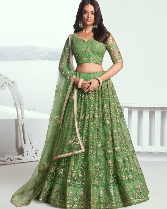 Parrot Green Net Embroidered Wedding Lehenga Choli Set