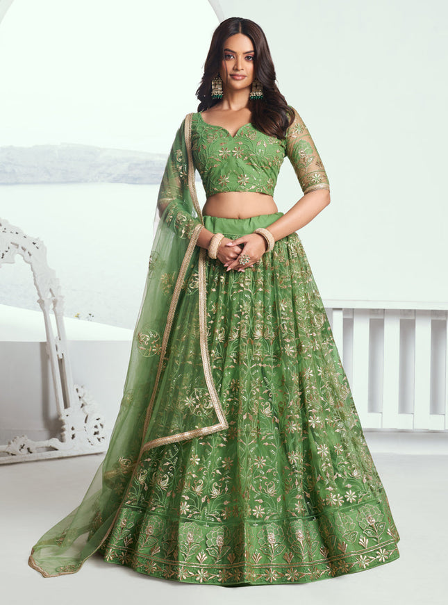 Parrot Green Net Embroidered Wedding Lehenga Choli Set