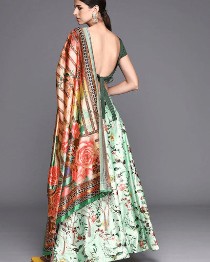 Light Green Satin Silk Blend Digital Print Navratri Specials Chaniya Choli