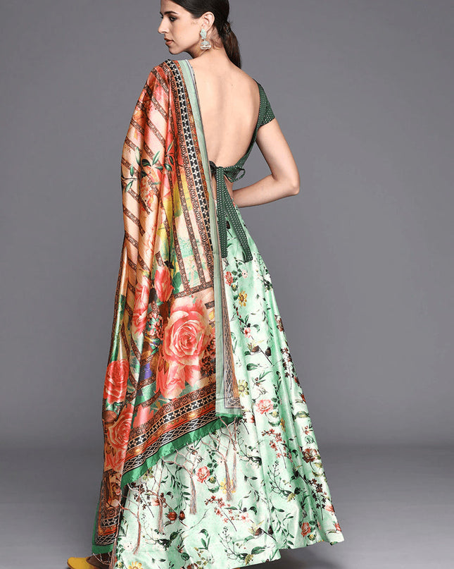 Light Green Satin Silk Blend Digital Print Navratri Specials Chaniya Choli