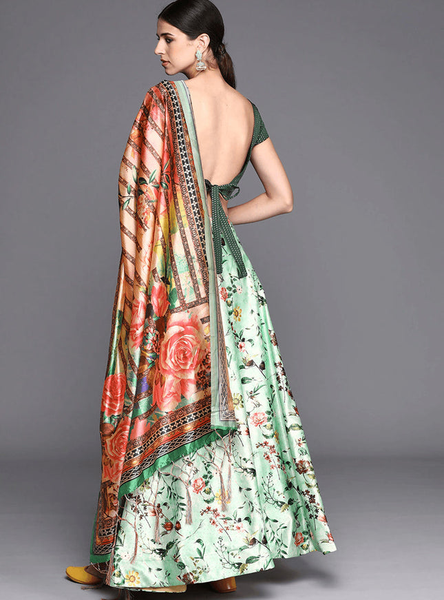 Light Green Satin Silk Blend Digital Print Navratri Specials Chaniya Choli