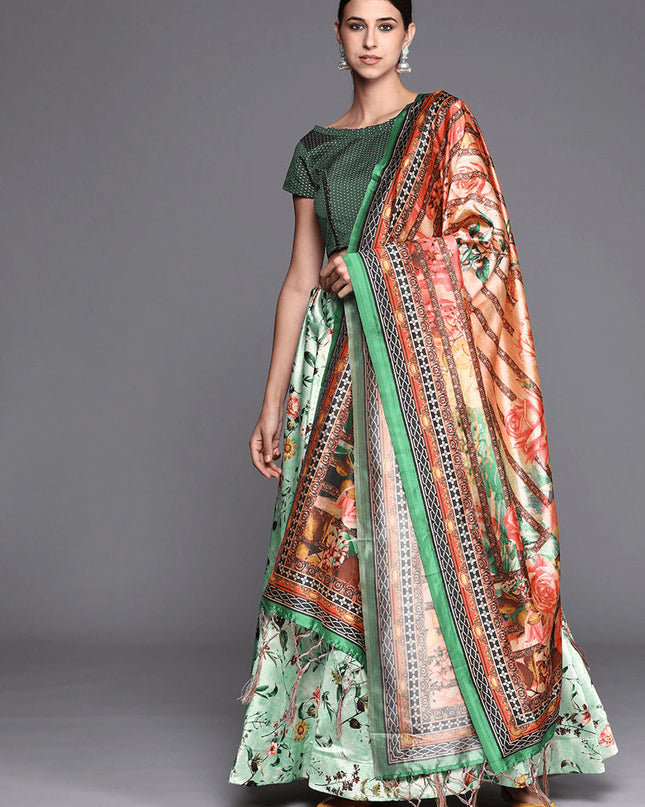 Light Green Satin Silk Blend Digital Print Navratri Specials Chaniya Choli