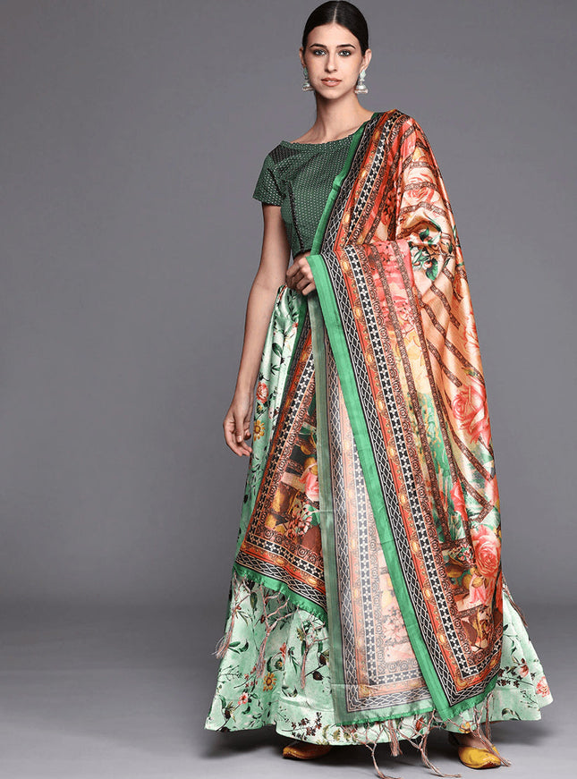 Light Green Satin Silk Blend Digital Print Navratri Specials Chaniya Choli