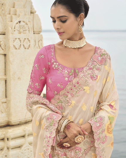 Off White Embroidered Tissue Silk Wedding Saree