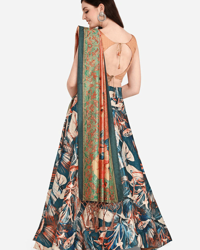 Blue Satin Silk Blend Digital Print Navratri Specials Chaniya Choli