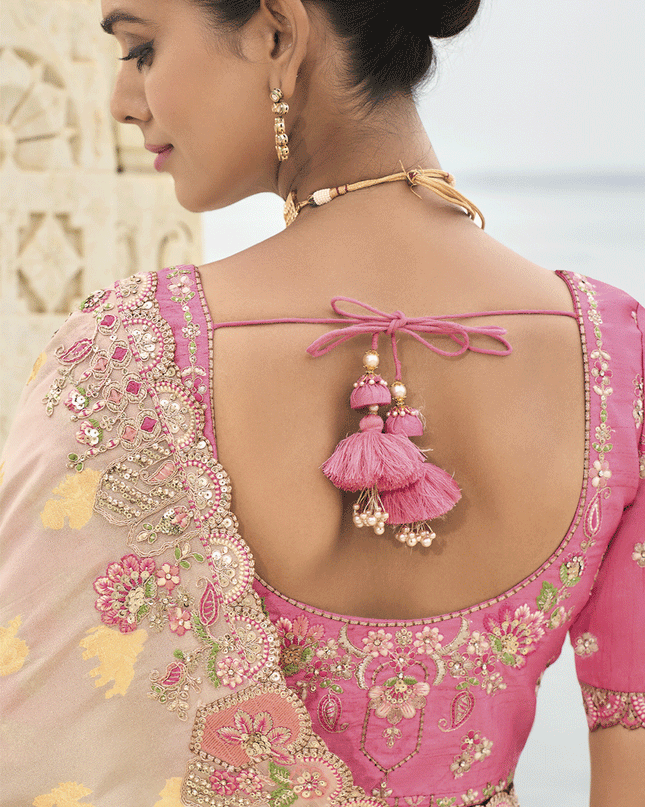 Off White Embroidered Tissue Silk Wedding Saree