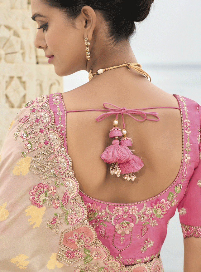 Off White Embroidered Tissue Silk Wedding Saree