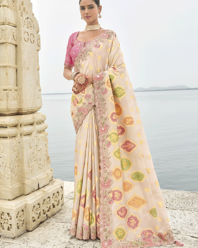 Off White Embroidered Tissue Silk Wedding Saree