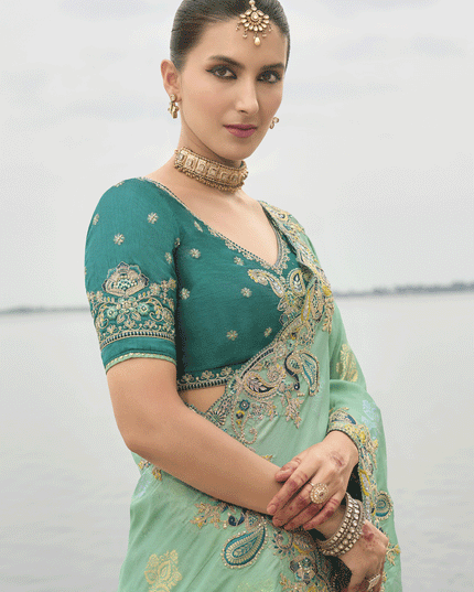 Sea Green Embroidered Tissue Silk Wedding Saree