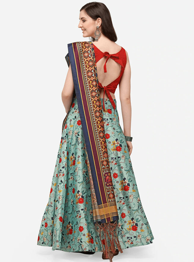 Sky Blue Satin Silk Blend Digital Print Navratri Specials Chaniya Choli