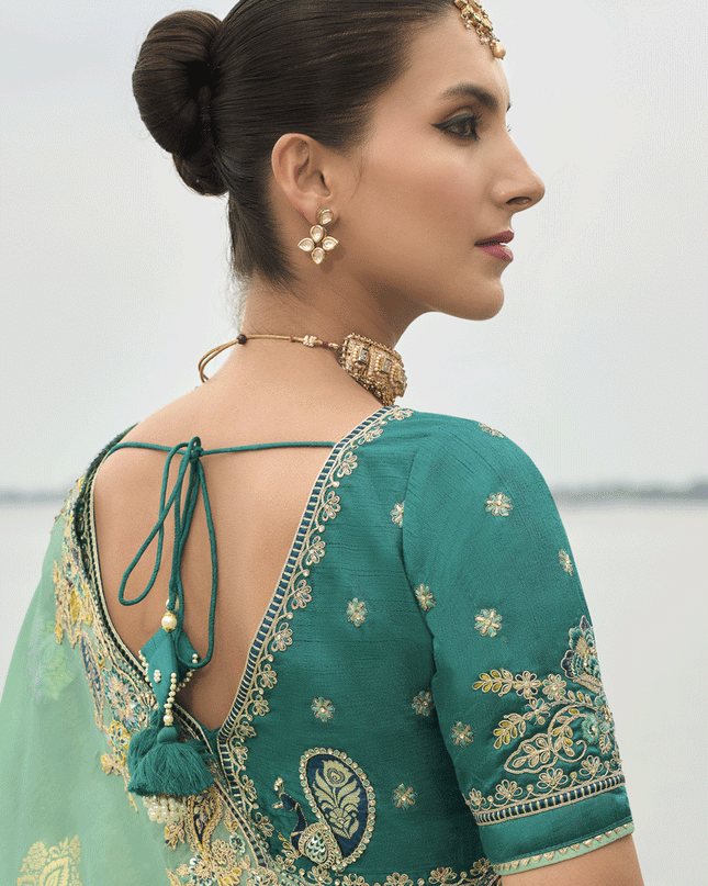 Sea Green Embroidered Tissue Silk Wedding Saree
