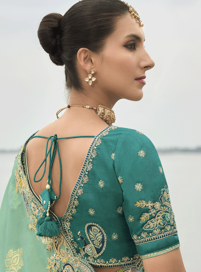 Sea Green Embroidered Tissue Silk Wedding Saree