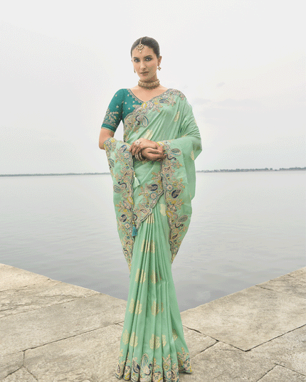 Sea Green Embroidered Tissue Silk Wedding Saree