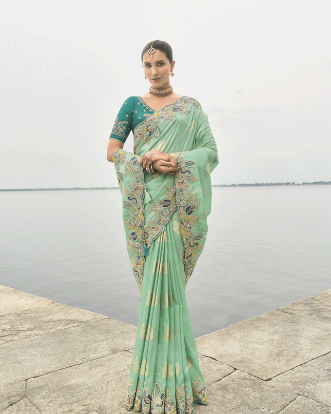 Sea Green Embroidered Tissue Silk Wedding Saree