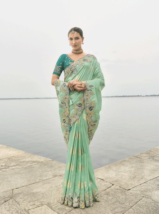 Sea Green Embroidered Tissue Silk Wedding Saree