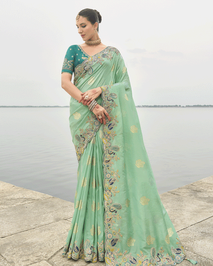 Sea Green Embroidered Tissue Silk Wedding Saree