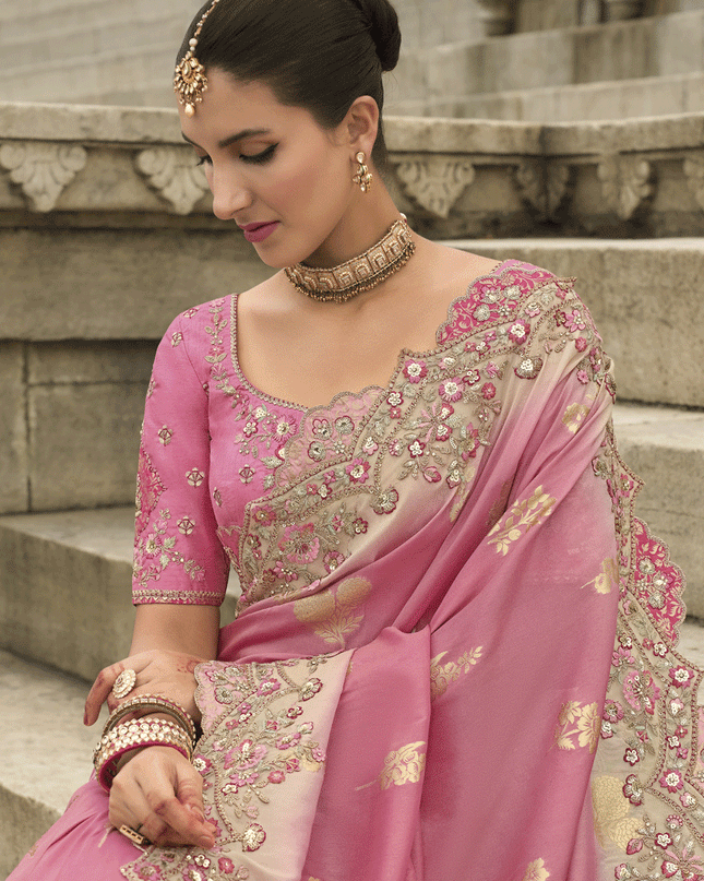 Pink Tissue Embroidered Tissue Silk Wedding Saree