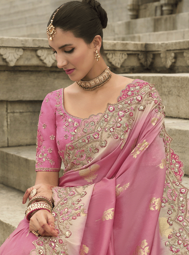 Pink Tissue Embroidered Tissue Silk Wedding Saree