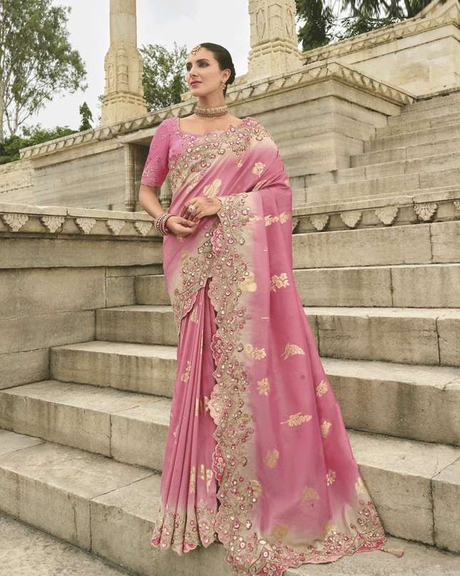 Pink Tissue Embroidered Tissue Silk Wedding Saree