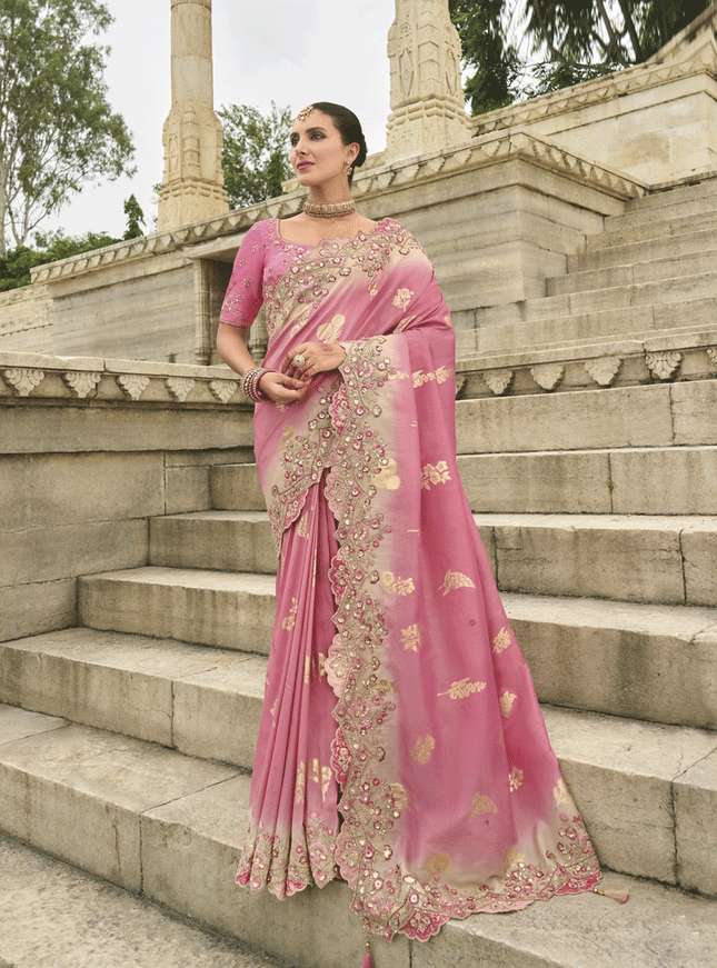 Pink Tissue Embroidered Tissue Silk Wedding Saree