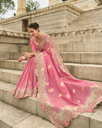 Pink Tissue Embroidered Tissue Silk Wedding Saree