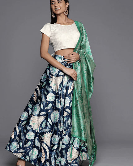 Navy Blue Satin Silk Blend Digital Print Navratri Specials Chaniya Choli