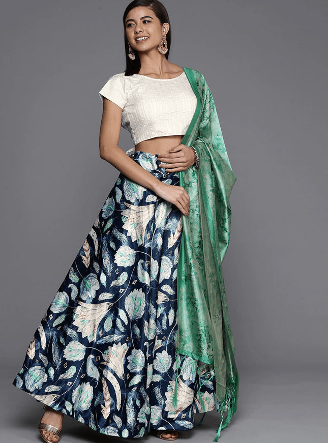 Navy Blue Satin Silk Blend Digital Print Navratri Specials Chaniya Choli