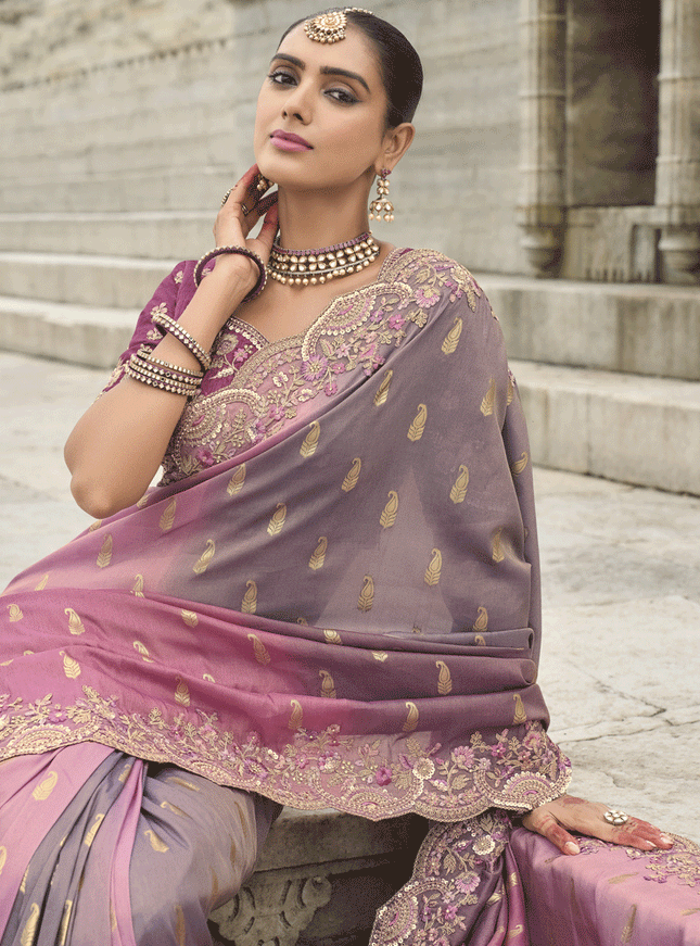 Mauve Tissue Embroidered Tissue Silk Wedding Saree