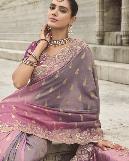 Mauve Tissue Embroidered Tissue Silk Wedding Saree