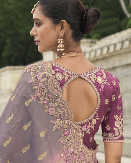 Mauve Tissue Embroidered Tissue Silk Wedding Saree