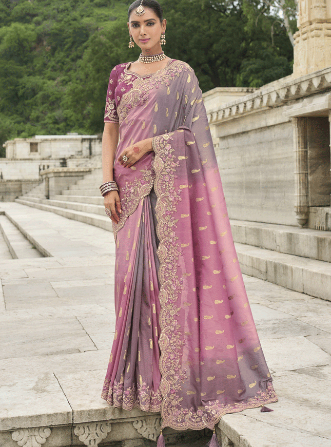 Mauve Tissue Embroidered Tissue Silk Wedding Saree