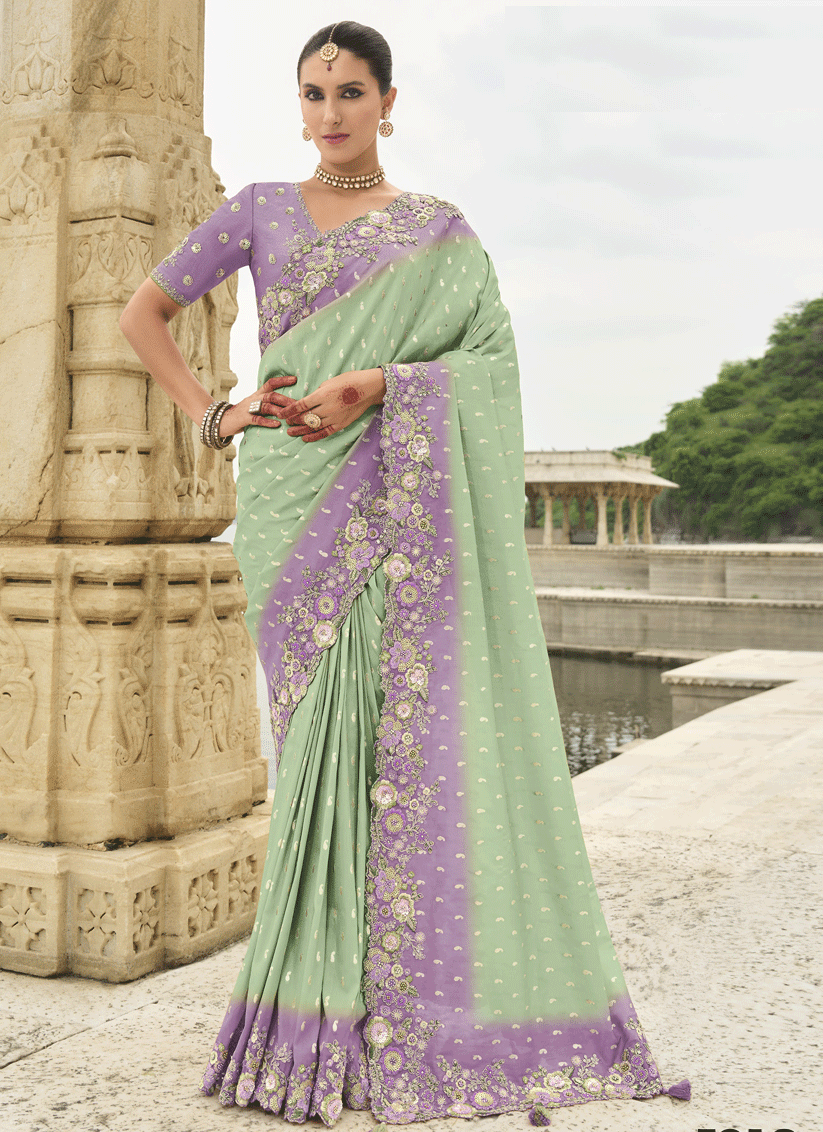 Mint Green Embroidered Silk Designer Saree