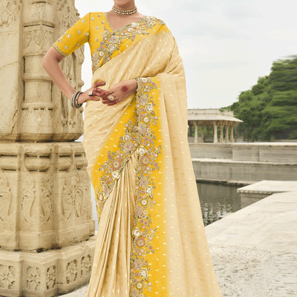 Cream Embroidered Silk Designer Saree