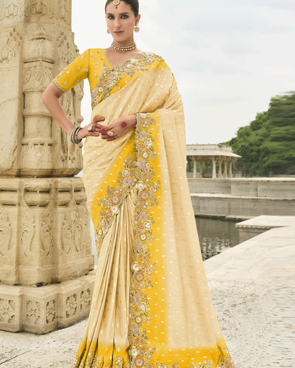 Cream Embroidered Silk Designer Saree