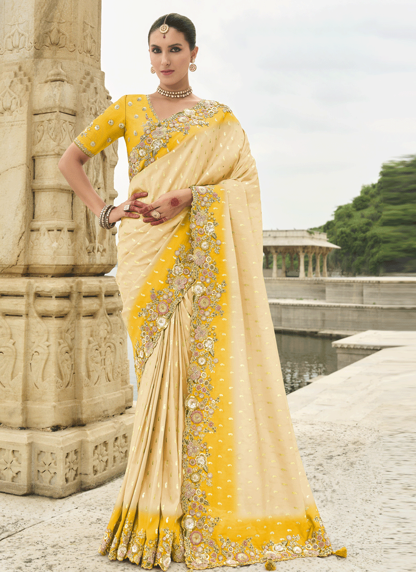 Cream Embroidered Silk Designer Saree