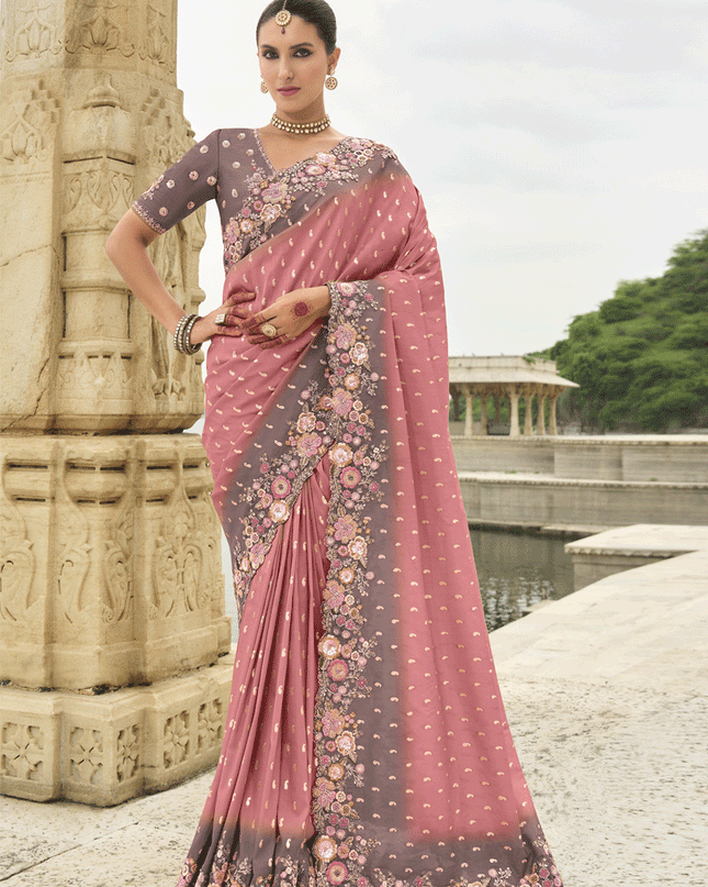 Coral Pink Embroidered Silk Designer Saree