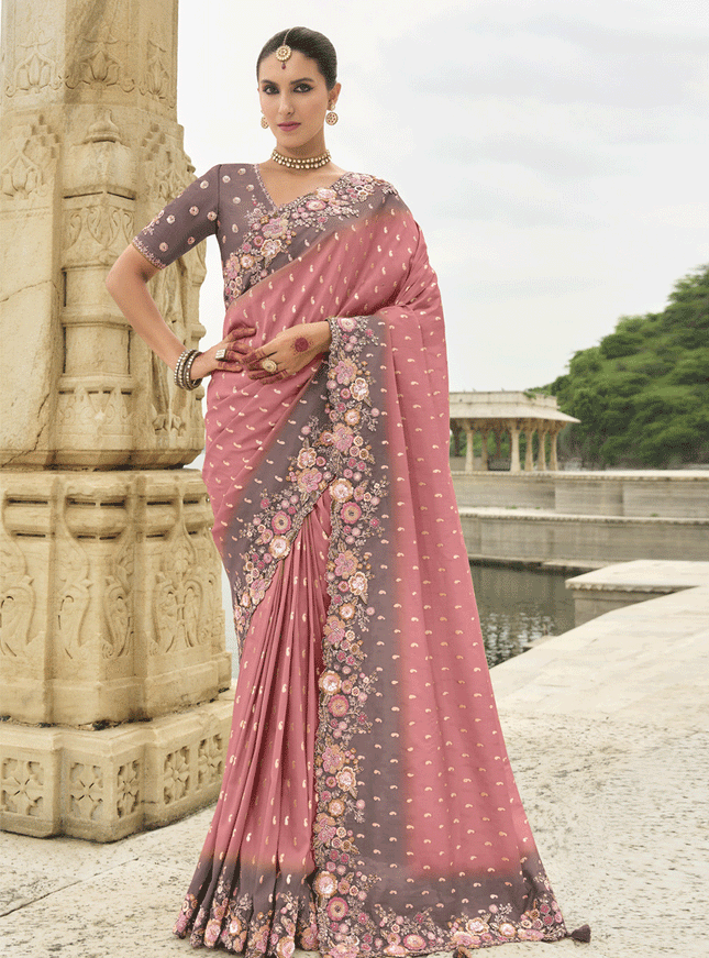 Coral Pink Embroidered Silk Designer Saree