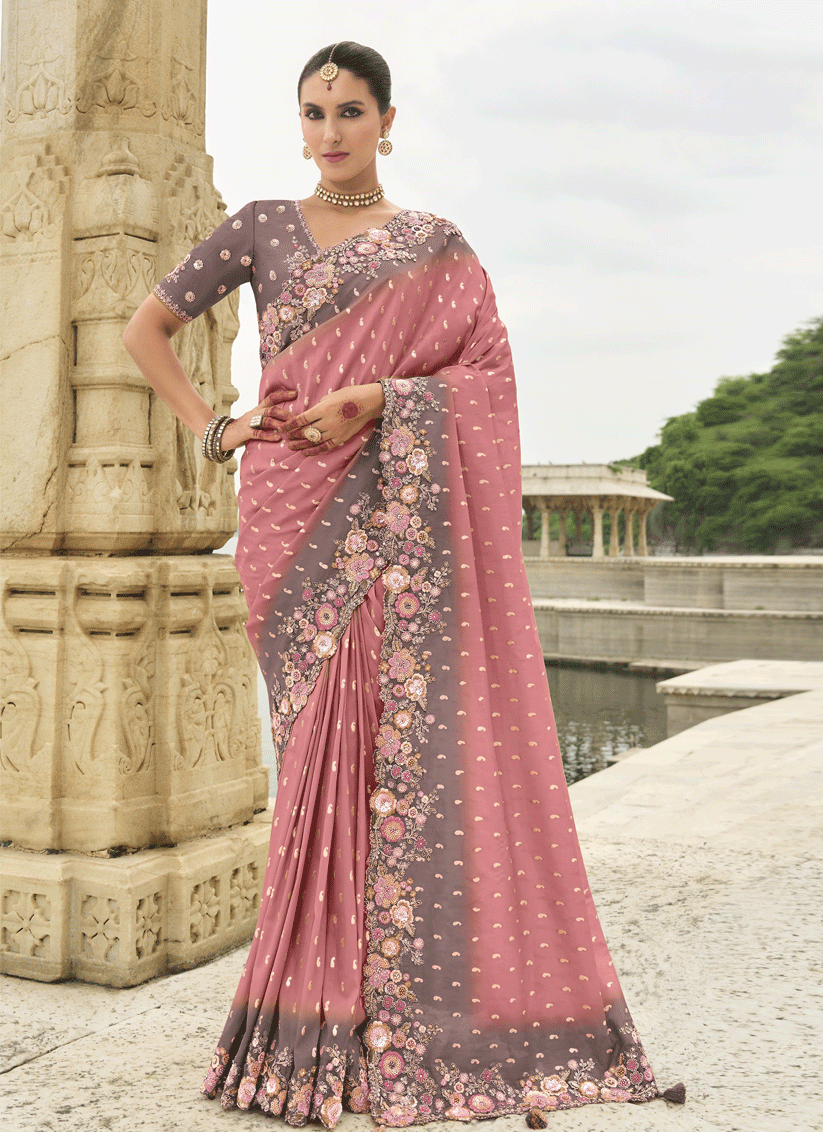 Coral Pink Embroidered Silk Designer Saree