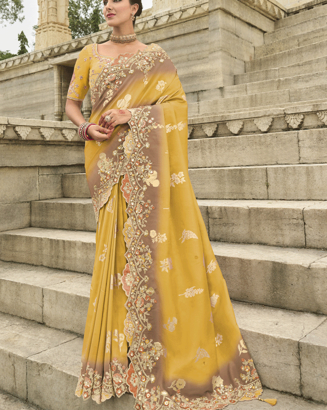 Mustard And Brown Embroidered Silk Designer Saree