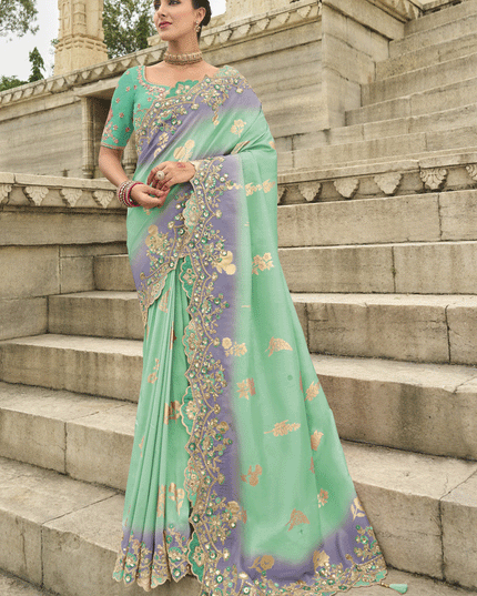 Aqua Green And Purple Embroidered Silk Designer Saree