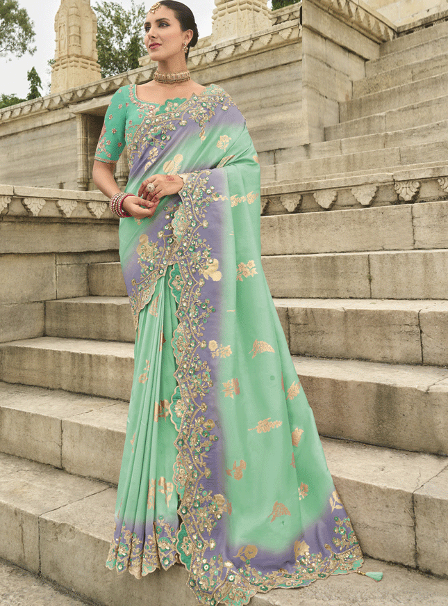 Aqua Green And Purple Embroidered Silk Designer Saree
