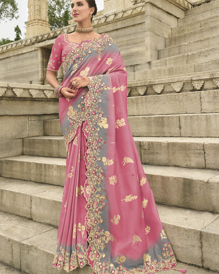 Puce Pink And Grey Embroidered Silk Designer Saree