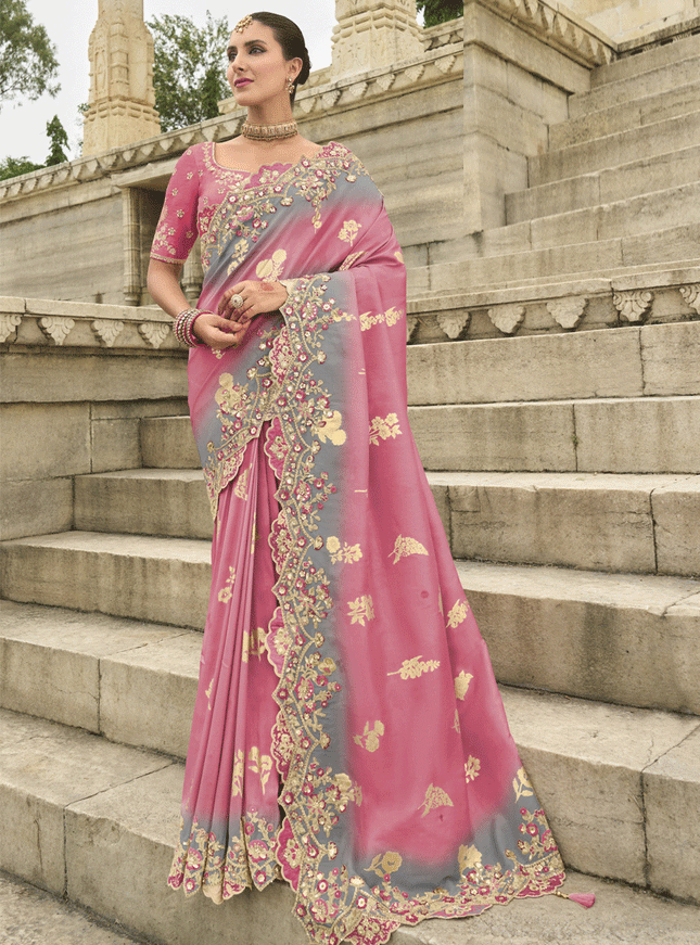 Puce Pink And Grey Embroidered Silk Designer Saree