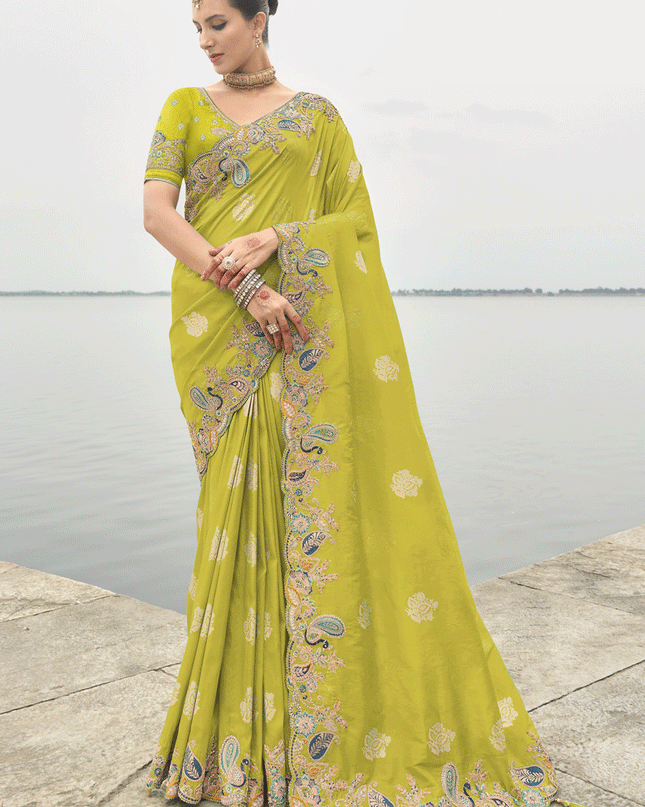 Lime Green Embroidered Silk Designer Saree