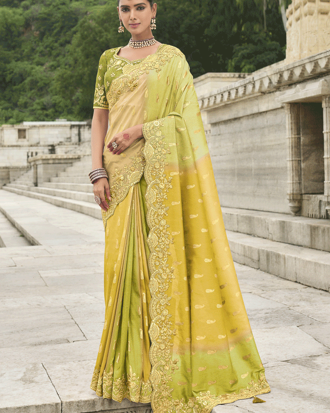 Lemon Yellow And Lime Embroidered Silk Designer Saree